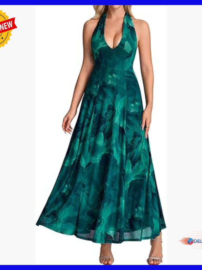 Halter V-Neck Flowy A-Line Mesh Maxi Formal Dress For Women
